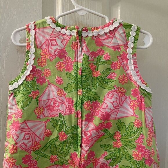 Lilly Pulitzer Shift Dress Palm Trees Floral Tents Pink Green Girls Size 5 - Picture 12 of 15